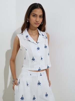 Bombay Paisley Ivory Floral Design Cotton-Blend Crop Shirt