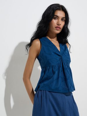 Bombay Paisley Indigo Embroidered Cotton Peplum Top