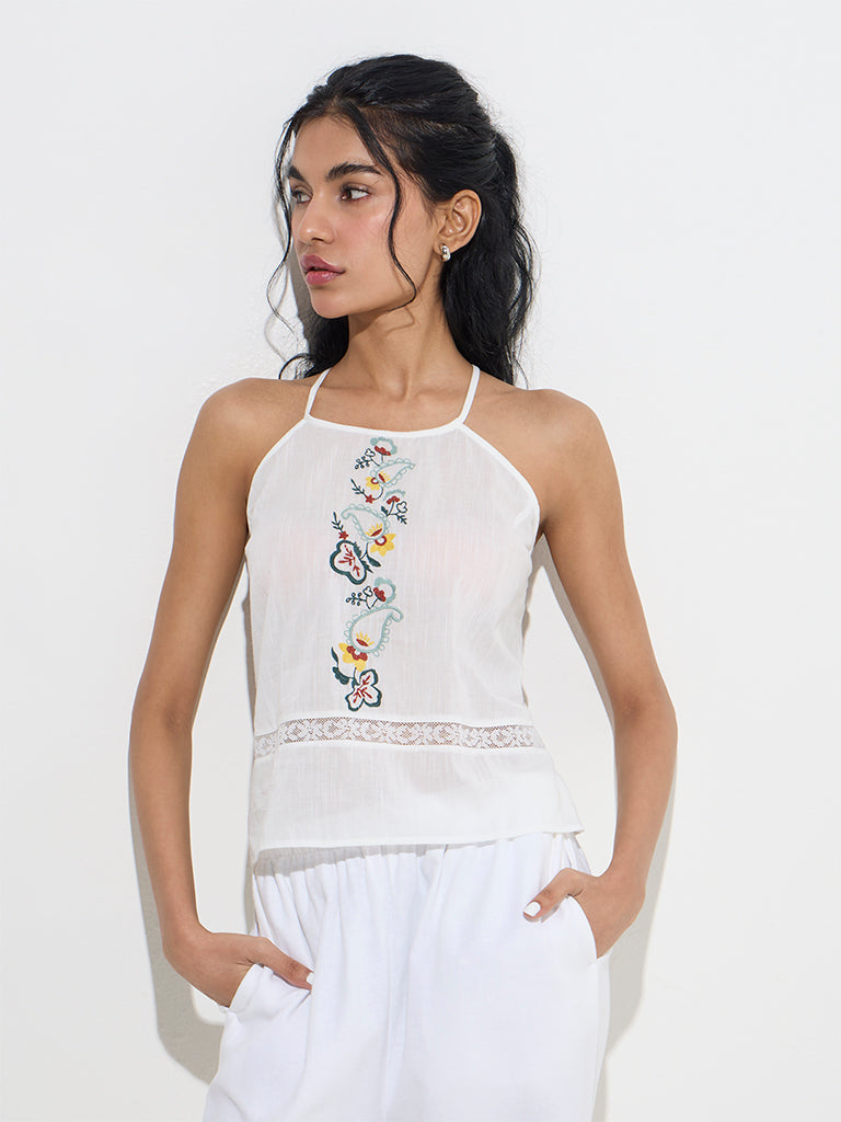 Bombay Paisley White Floral Embroidered Cotton Top