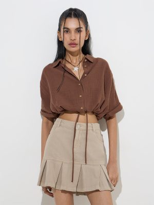 Nuon Brown Crinkle-Textured Cotton Cropped Shirt