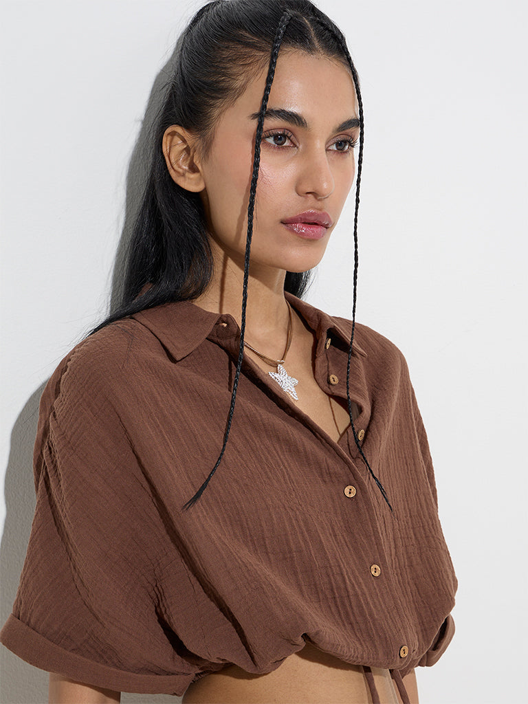 Nuon Brown Crinkle-Textured Cotton Cropped Shirt - Image 2