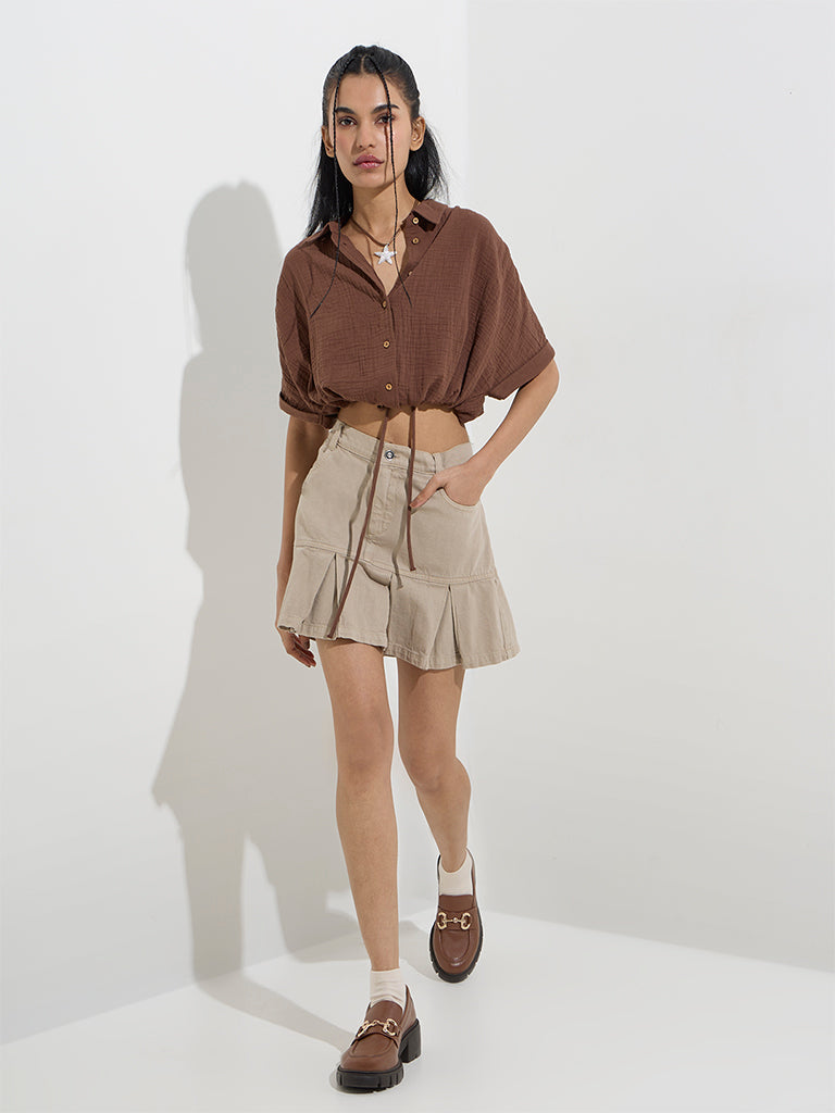 Nuon Brown Crinkle-Textured Cotton Cropped Shirt - Image 3