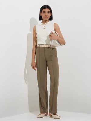 Wardrobe Khaki Solid High-Rise Trousers