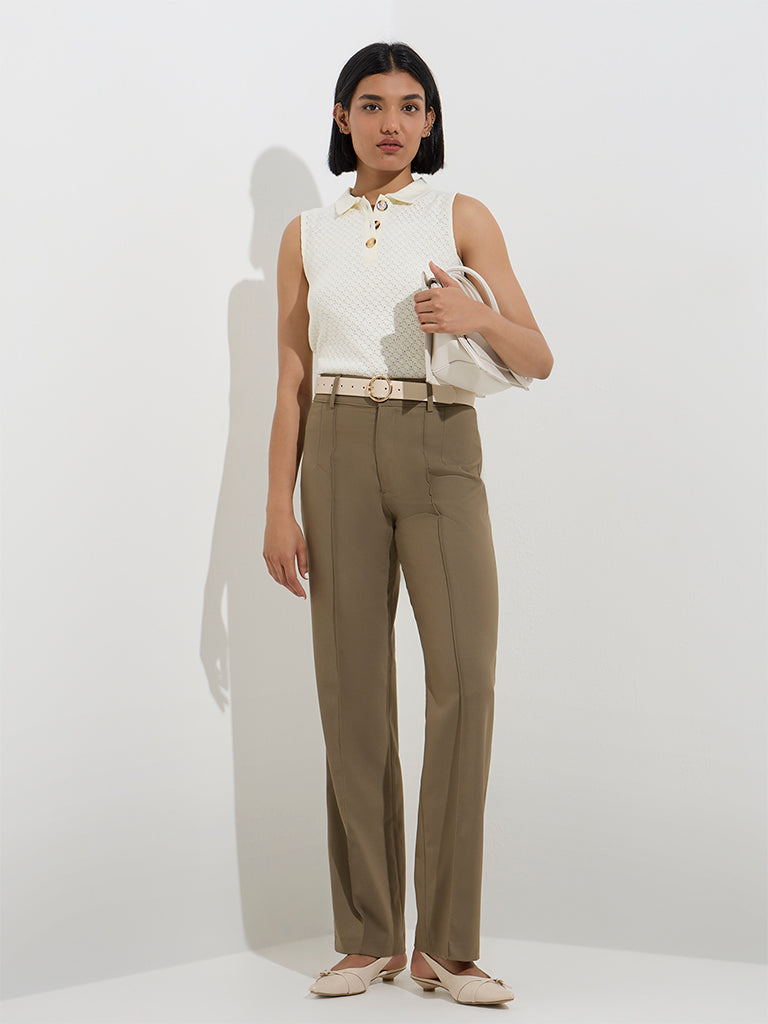 Wardrobe Khaki Solid High-Rise Trousers