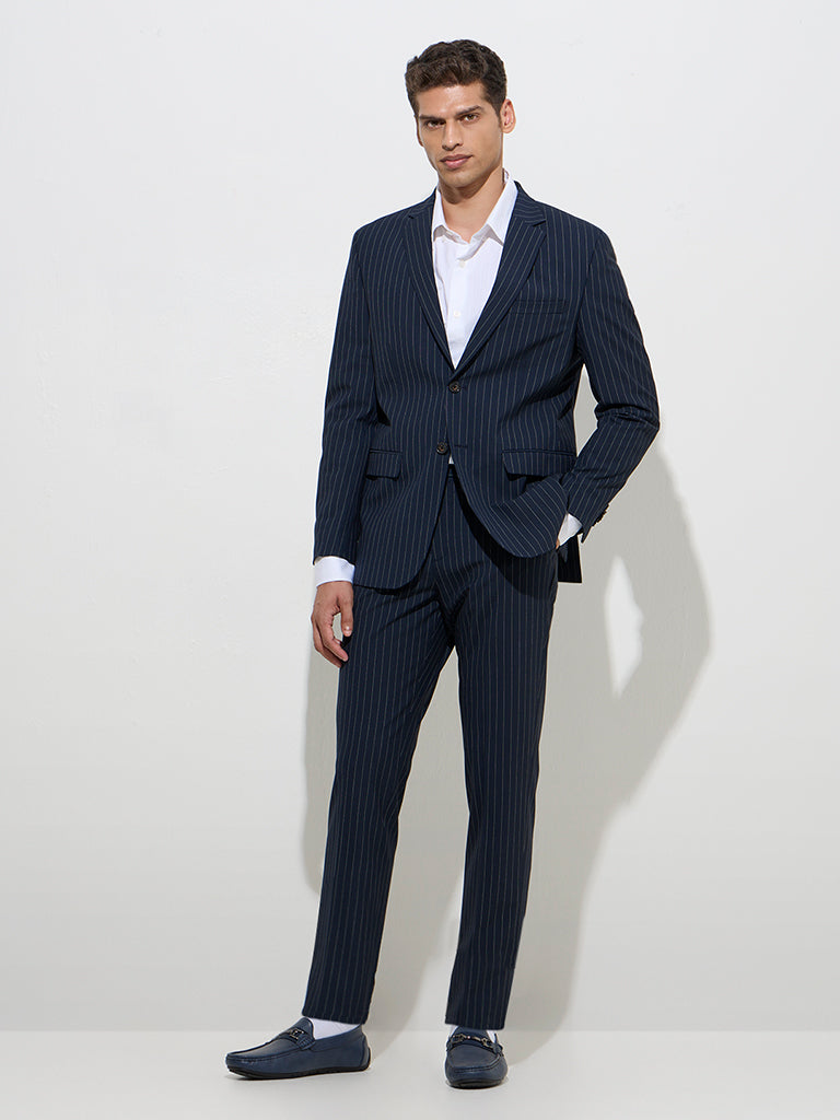 WES Formals Navy Pinstriped Slim-Fit Blazer