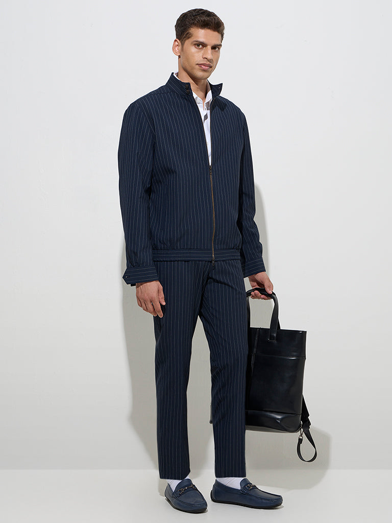 WES Formals Navy Pinstriped Slim-Fit Jacket