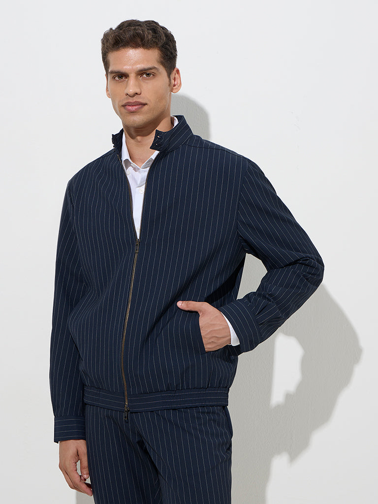 WES Formals Navy Pinstriped Slim-Fit Jacket - Image 2