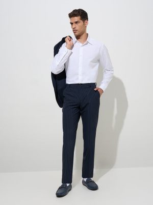 WES Formals Navy Pinstriped Slim-Fit Mid-Rise Trousers