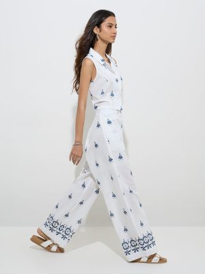 Bombay Paisley Ivory Floral Design Cotton-Blend Trousers