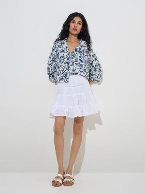 Bombay Paisley White Embroidered High-Rise Cotton Skirt