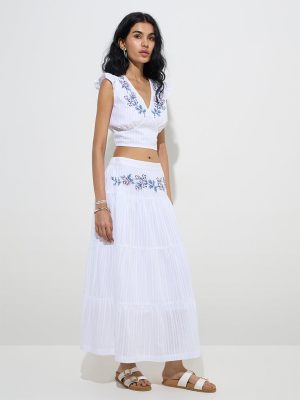 Bombay Paisley White Floral Embroidered Cotton Skirt