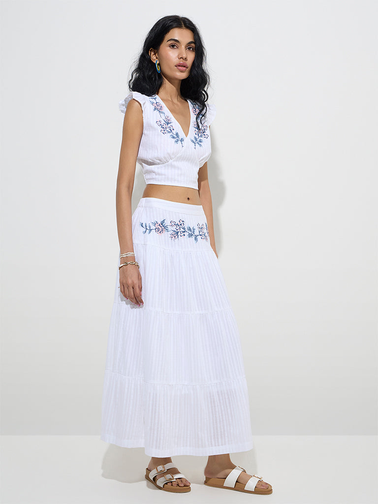 Bombay Paisley White Floral Embroidered Cotton Skirt