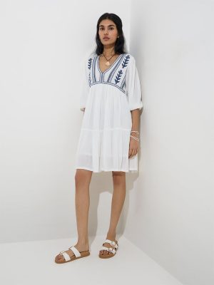 Bombay Paisley White Embroidered Pleated A-Line Dress
