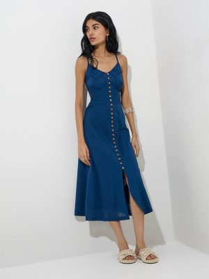 Bombay Paisley Indigo Swiss-Dot Print Cotton A-Line Dress