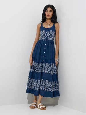 Bombay Paisley Indigo Printed Cotton A-Line Dress