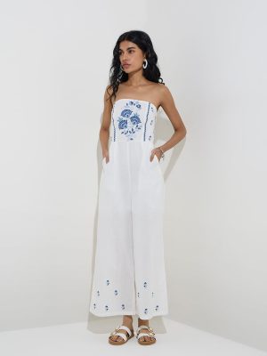 Bombay Paisley White Embroidered Cotton-Blend Jumpsuit