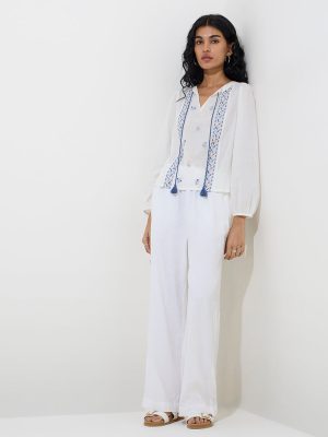 Bombay Paisley Ivory Floral Embroidered Cotton Blouse