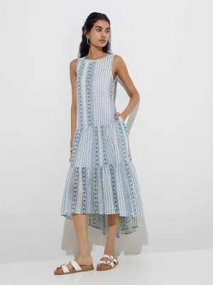 Bombay Paisley Blue Floral Design Cotton High-Low Dress
