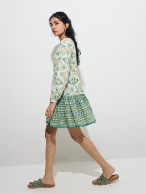 Bombay Paisley Sage Ikat Design Cotton A-Line Dress