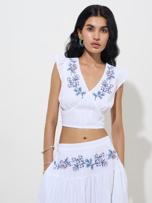 Bombay Paisley White Floral Embroidered Cotton Top