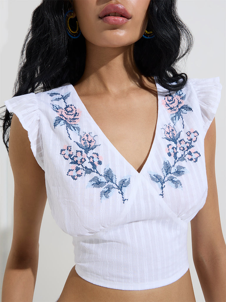 Bombay Paisley White Floral Embroidered Cotton Top - Image 3