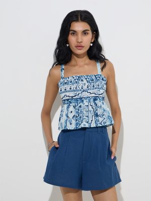 Bombay Paisley Indigo Aztec Design Cotton Peplum Top