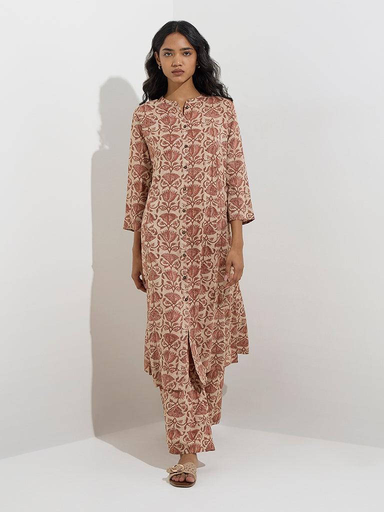 Utsa Brown Floral Design A-Line Kurta