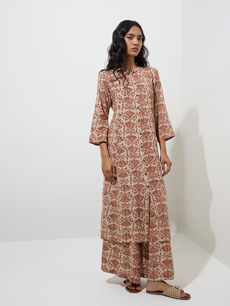 Utsa Brown Floral Design A-Line Kurta - Image 2