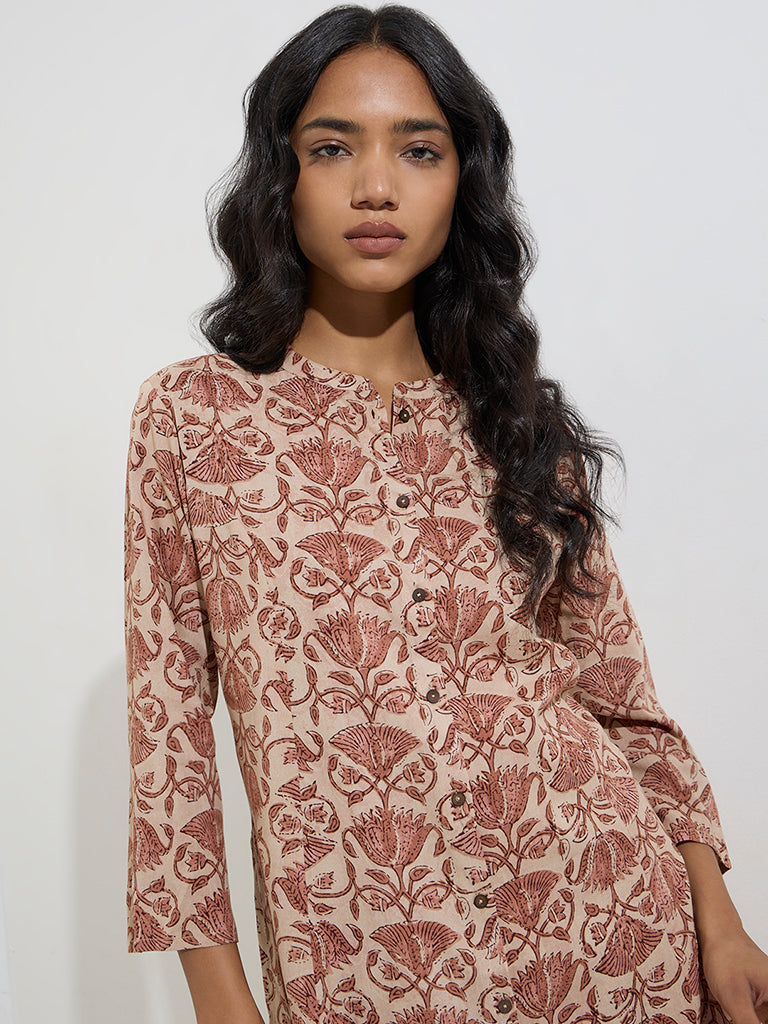 Utsa Brown Floral Design A-Line Kurta - Image 3