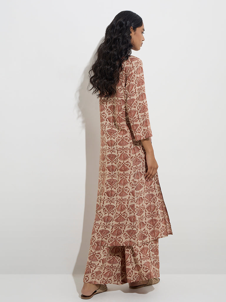 Utsa Brown Floral Design A-Line Kurta - Image 4