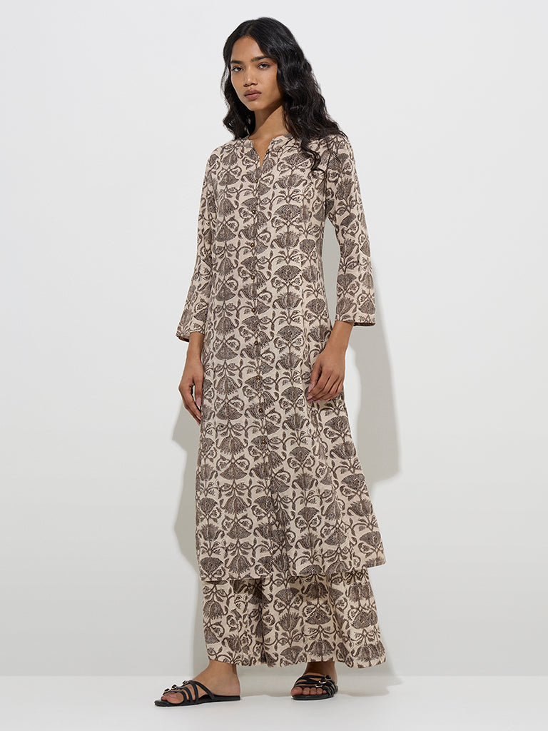 Utsa Charcoal Floral Pattern A-Line Kurta