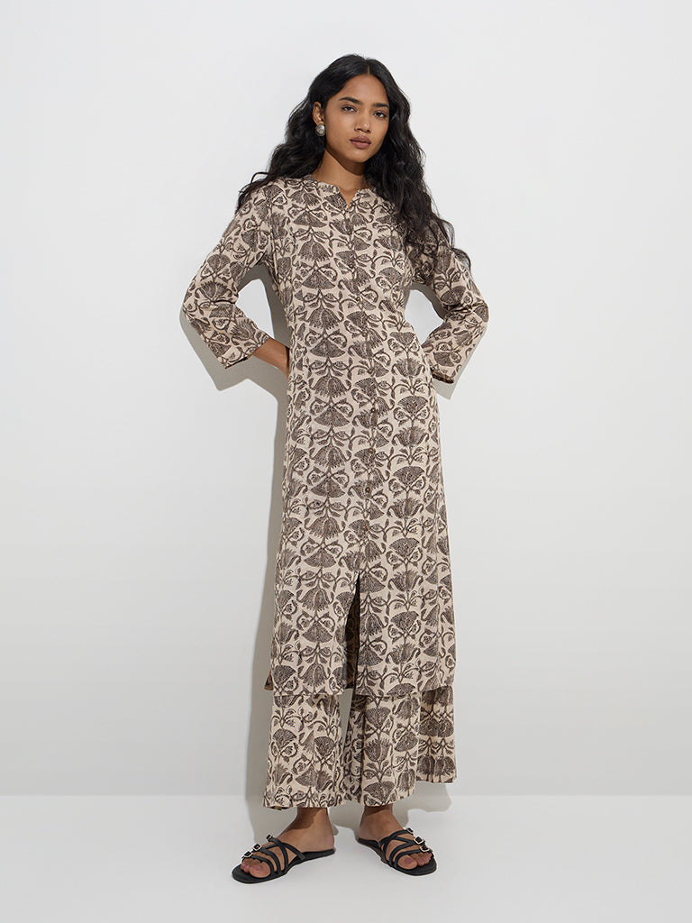 Utsa Charcoal Floral Pattern A-Line Kurta - Image 2