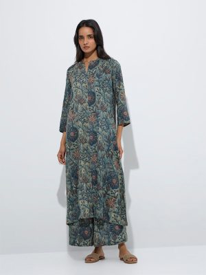Utsa Blue Floral Printed A-Line Kurta