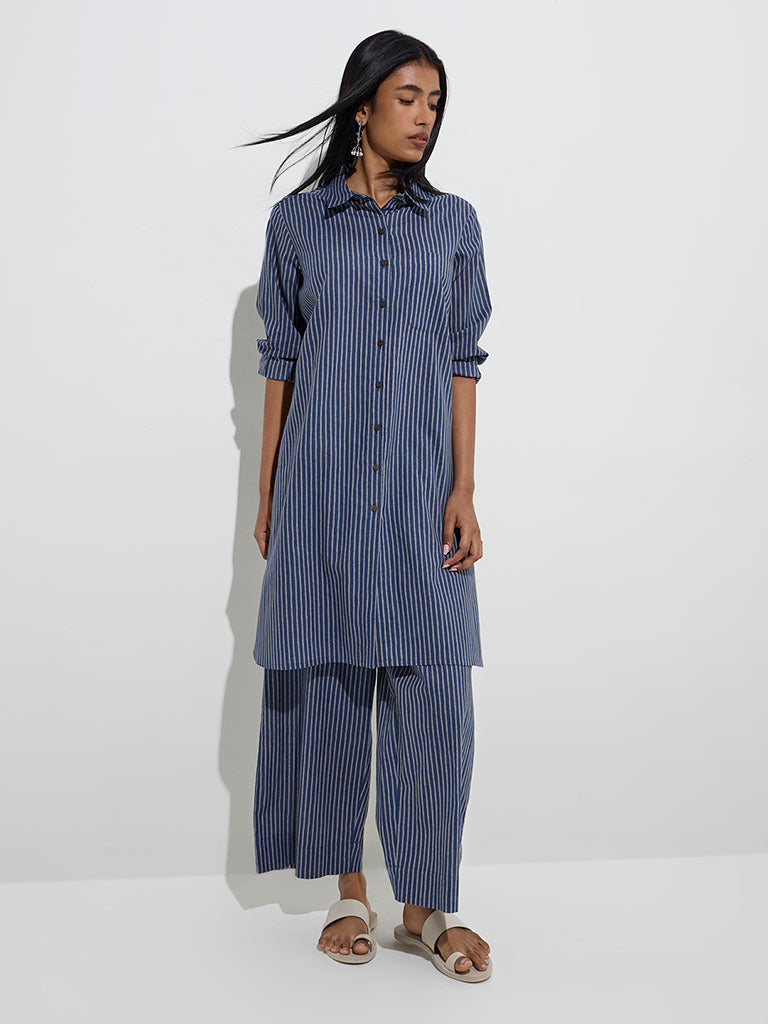 Utsa Indigo Stripe Printed Cotton A-Line Kurta
