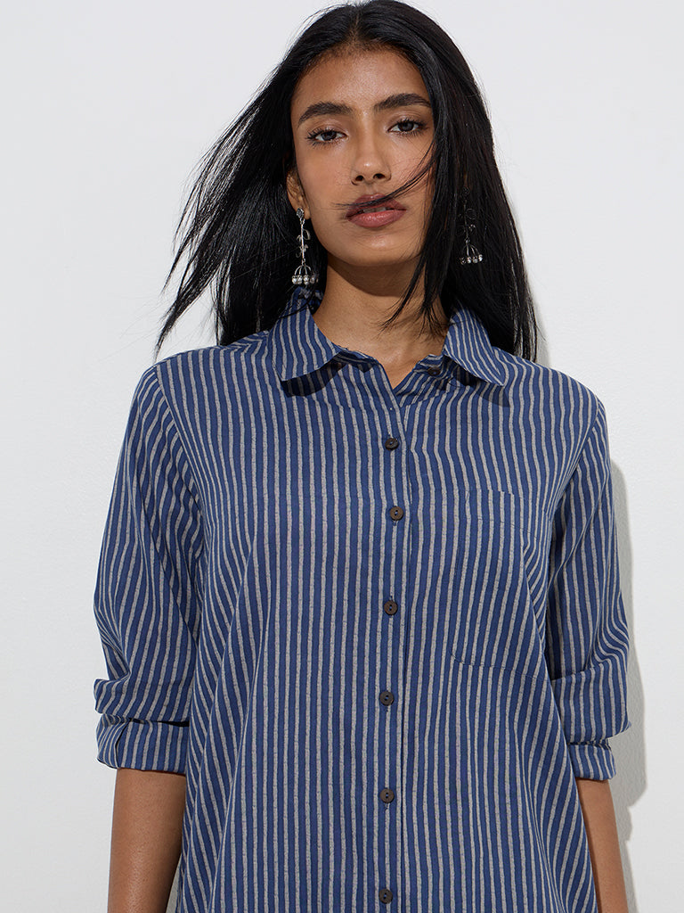 Utsa Indigo Stripe Printed Cotton A-Line Kurta - Image 2
