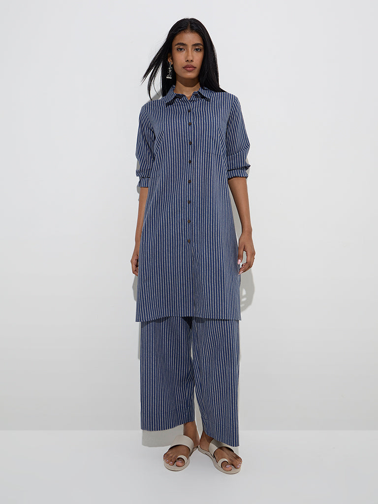 Utsa Indigo Stripe Printed Cotton A-Line Kurta - Image 3