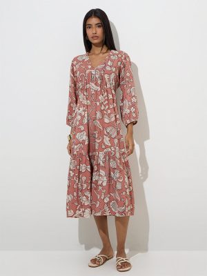 Utsa Dusty Pink Foliage Printed Tiered Dress