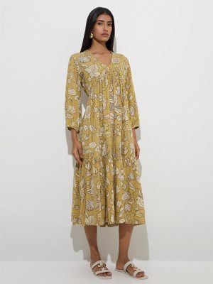 Utsa Mustard Foliage Design Tiered Dress