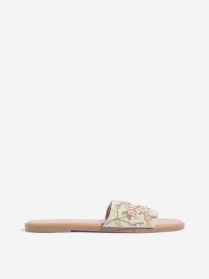 LUNA BLU Green Floral Embroidered Slides