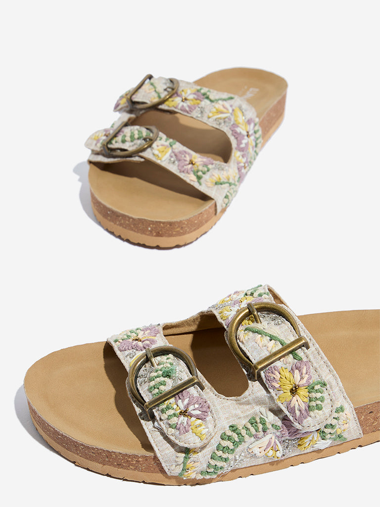 LUNA BLU Lilac Floral Embroidered Slip-On Sandals - Image 3