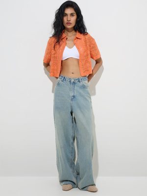 Nuon Orange Crochet-Lace Cotton-Blend Shirt