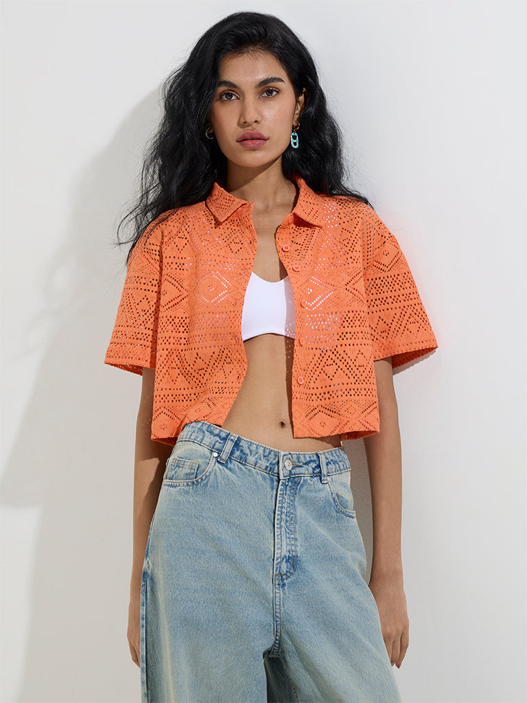 Nuon Orange Crochet-Lace Cotton-Blend Shirt - Image 2