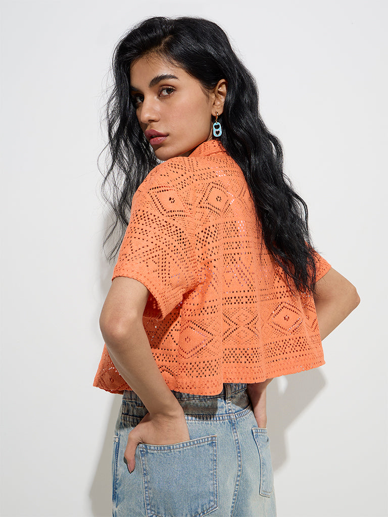 Nuon Orange Crochet-Lace Cotton-Blend Shirt - Image 4