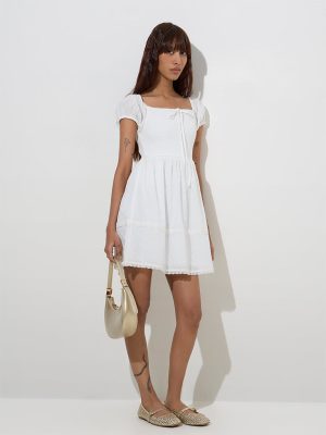 Nuon White Smocked Cotton A-Line Dress