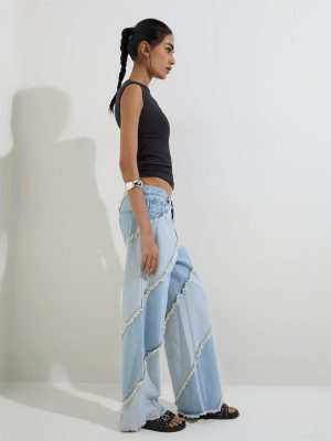 Nuon Light Blue Fringe-Detailed Relaxed-Fit High-Rise Jeans