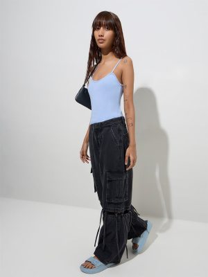 Nuon Dark Grey Tie-Up Detailed Relaxed-Fit High-Rise Jeans