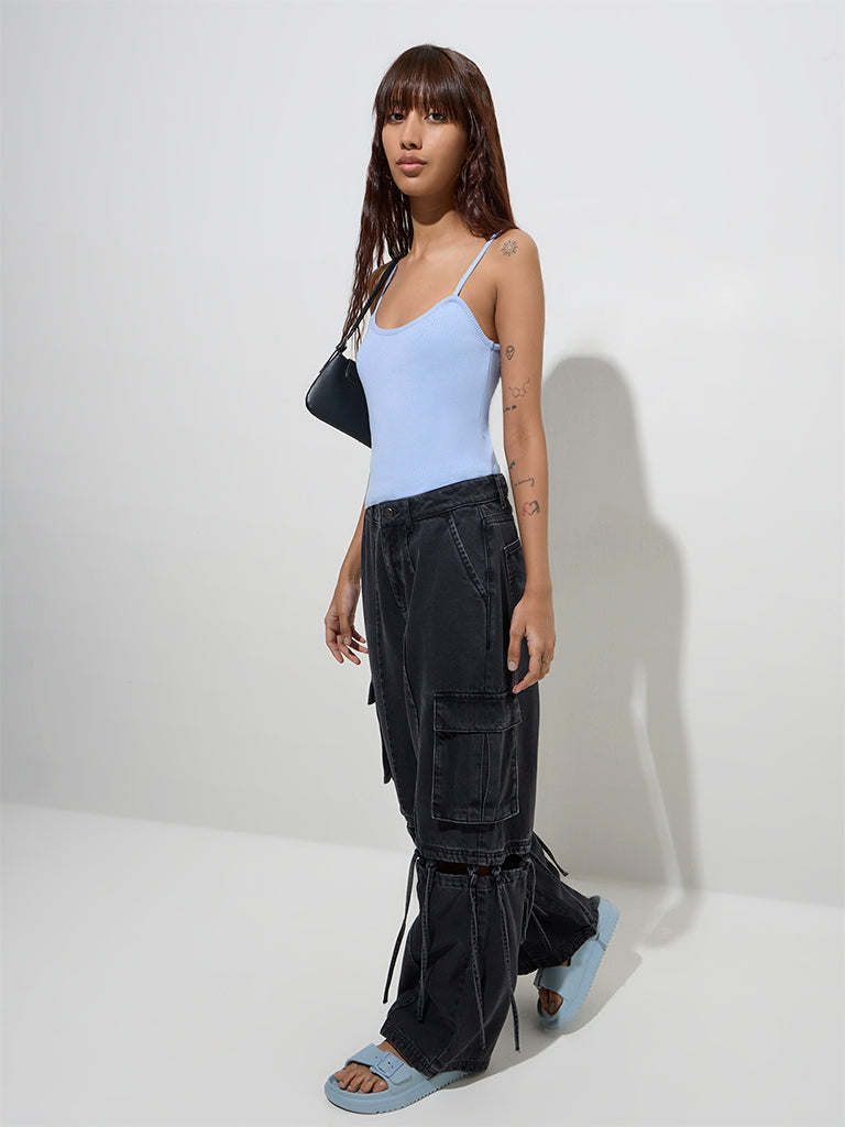 Nuon Dark Grey Tie-Up Detailed Relaxed-Fit High-Rise Jeans