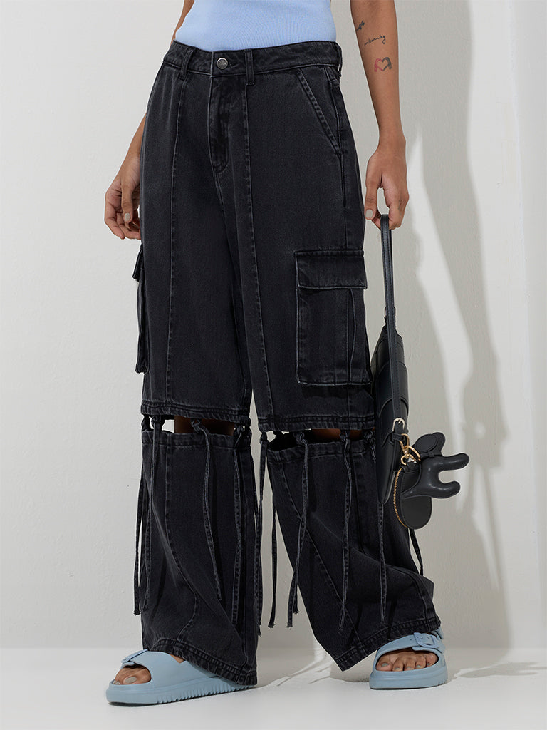 Nuon Dark Grey Tie-Up Detailed Relaxed-Fit High-Rise Jeans - Image 2