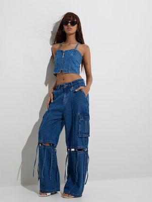 Nuon Blue Tie-Up Detailed Relaxed-Fit High-Rise Jeans