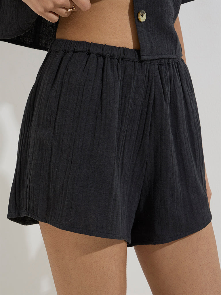 Nuon Black Crinkle-Textured High-Rise Cotton Shorts - Image 3